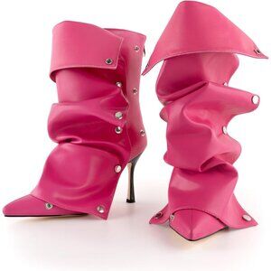 ⚡Women Pink Polyurethane Slouchy Stiletto High Heel  Pointed Toe Fold Shark Boot